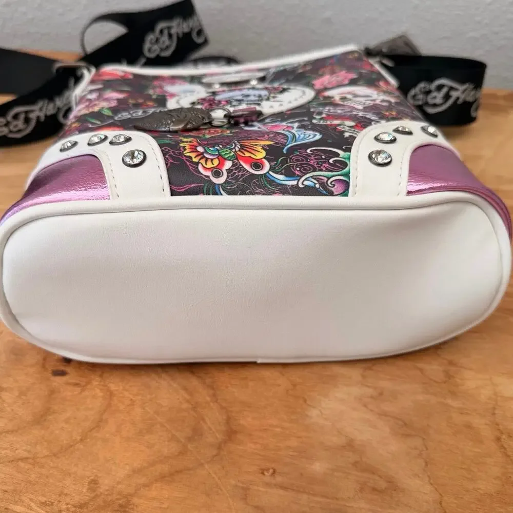 NWT Ed Hardy Y2K Crossbody Bag - Skull & Rose Tattoo Print - Pink Metallic